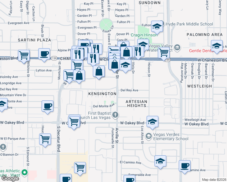 map of restaurants, bars, coffee shops, grocery stores, and more near 1415 South Arville Street in Las Vegas
