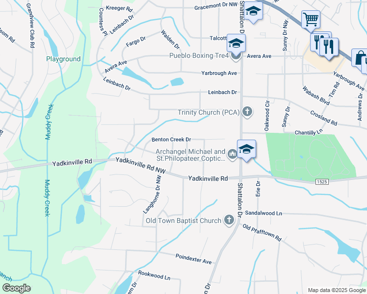 map of restaurants, bars, coffee shops, grocery stores, and more near 4640 Beagle Run Lane in Winston-Salem