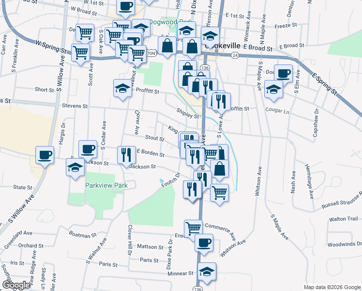 map of restaurants, bars, coffee shops, grocery stores, and more near 170 Stout Street in Cookeville
