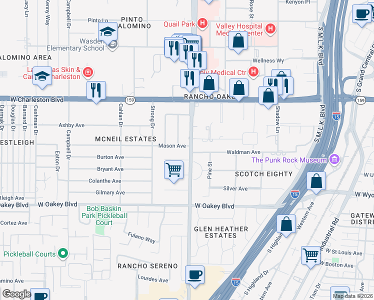 map of restaurants, bars, coffee shops, grocery stores, and more near 222 East Karen Avenue in Las Vegas