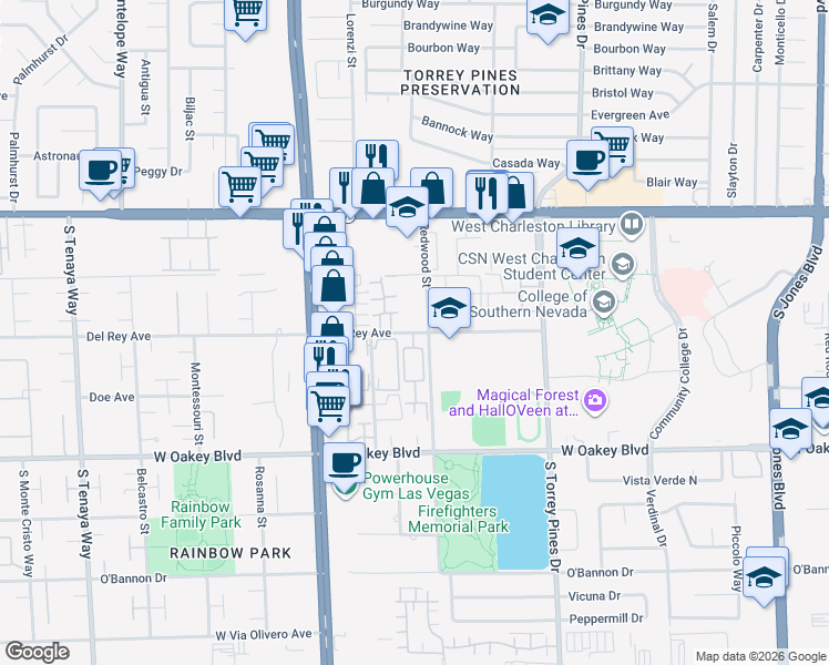 map of restaurants, bars, coffee shops, grocery stores, and more near 28 Redwood Street in Las Vegas