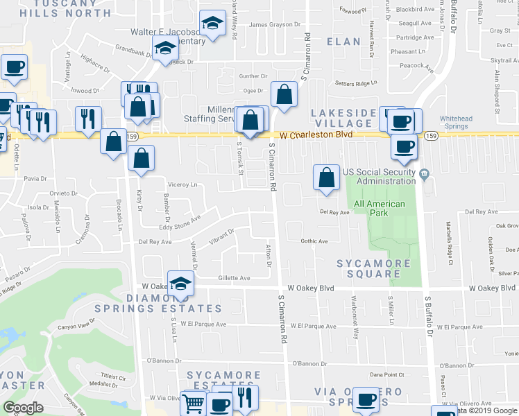 map of restaurants, bars, coffee shops, grocery stores, and more near 8213 Windrush Avenue in Las Vegas