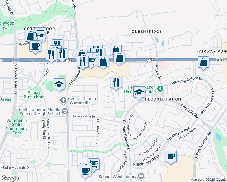 map of restaurants, bars, coffee shops, grocery stores, and more near 1400 Chaparral Summit Drive in Las Vegas