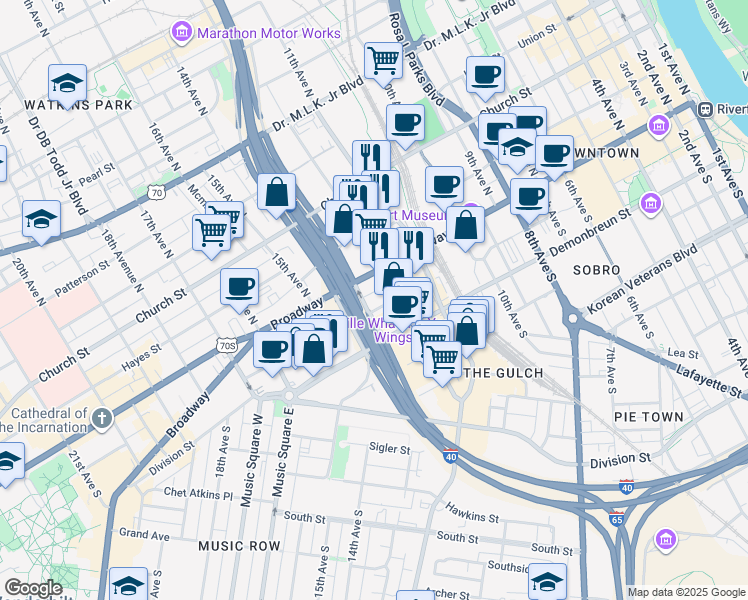 map of restaurants, bars, coffee shops, grocery stores, and more near 1223 Broadway in Nashville