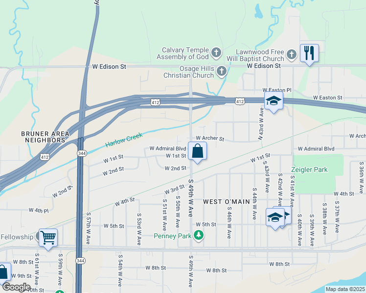 map of restaurants, bars, coffee shops, grocery stores, and more near 17 North 50th West Avenue in Tulsa