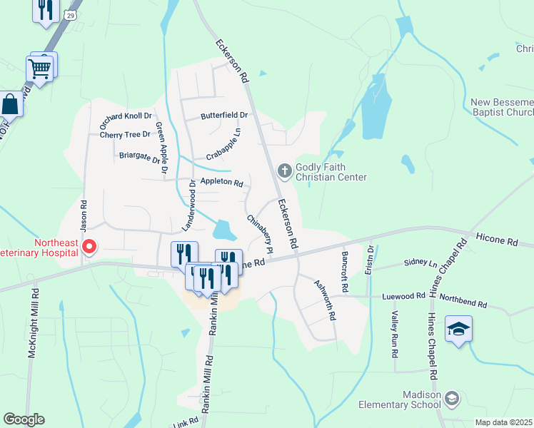 map of restaurants, bars, coffee shops, grocery stores, and more near 4204 Bayview Road in Greensboro