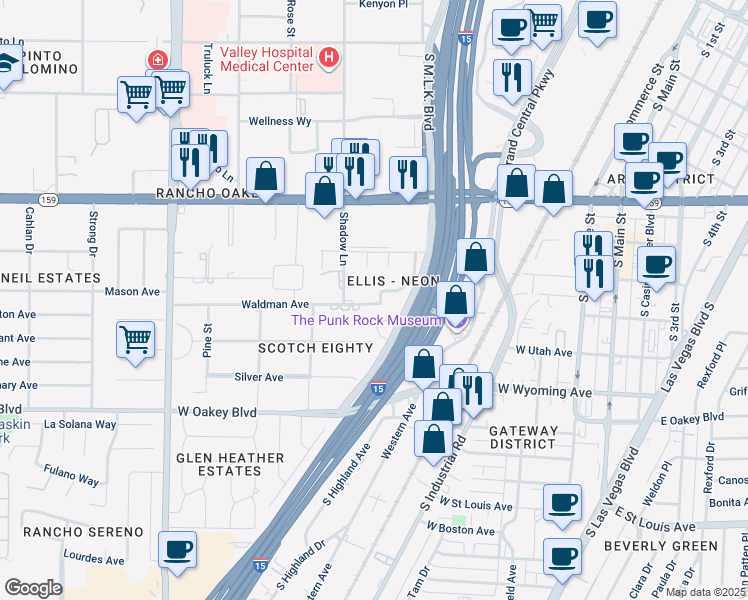 map of restaurants, bars, coffee shops, grocery stores, and more near 1650 Waldman Avenue in Las Vegas
