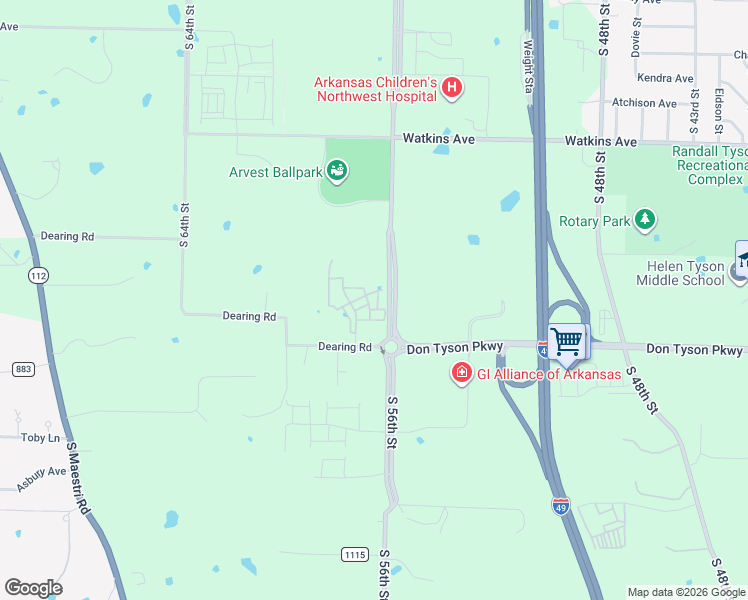 map of restaurants, bars, coffee shops, grocery stores, and more near 3400 Gene George Boulevard in Springdale