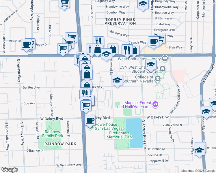map of restaurants, bars, coffee shops, grocery stores, and more near 28 Redwood Street in Las Vegas