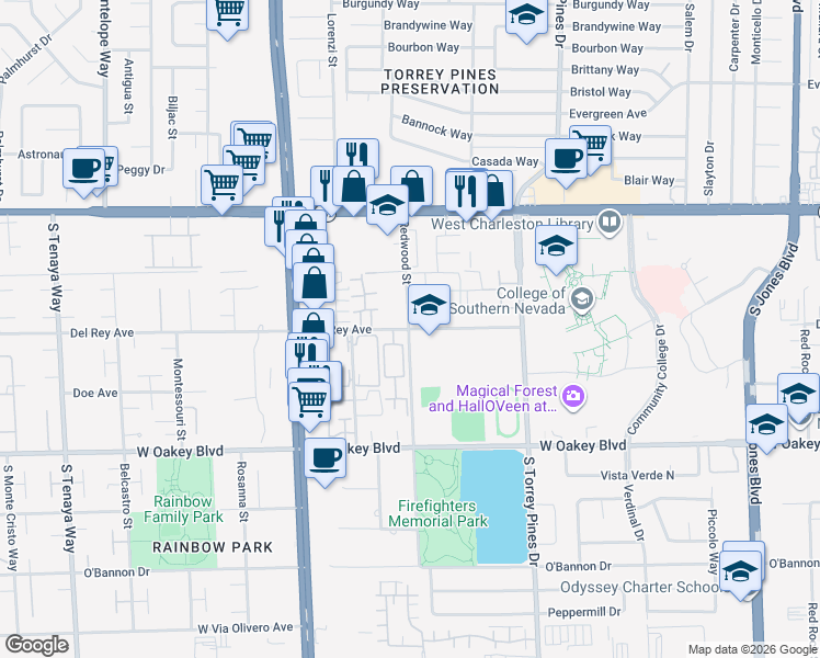 map of restaurants, bars, coffee shops, grocery stores, and more near 28 Redwood Street in Las Vegas