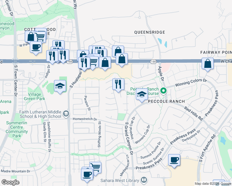 map of restaurants, bars, coffee shops, grocery stores, and more near 1400 Chaparral Summit Drive in Las Vegas
