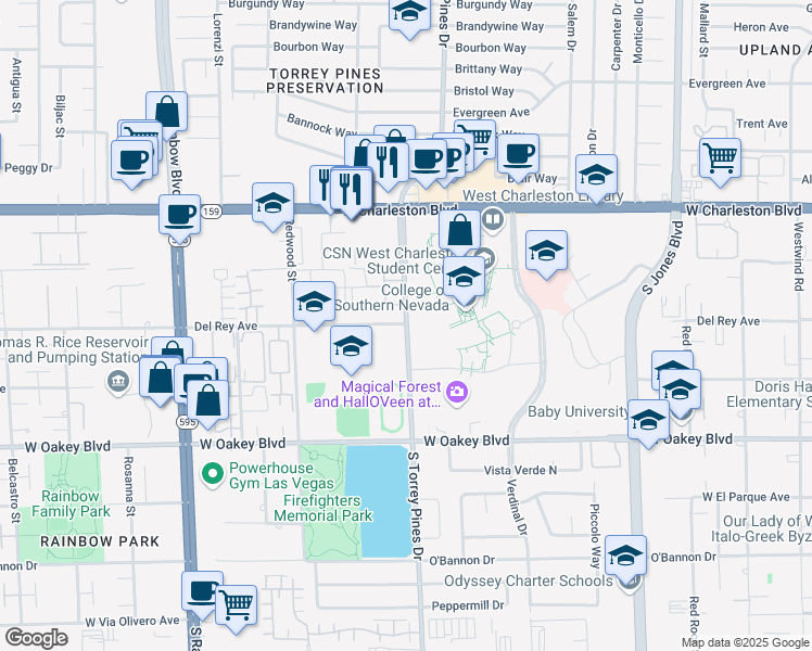 map of restaurants, bars, coffee shops, grocery stores, and more near 1501 South Torrey Pines Drive in Las Vegas