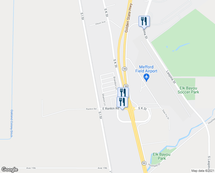 map of restaurants, bars, coffee shops, grocery stores, and more near Shanon Lane in Tulare