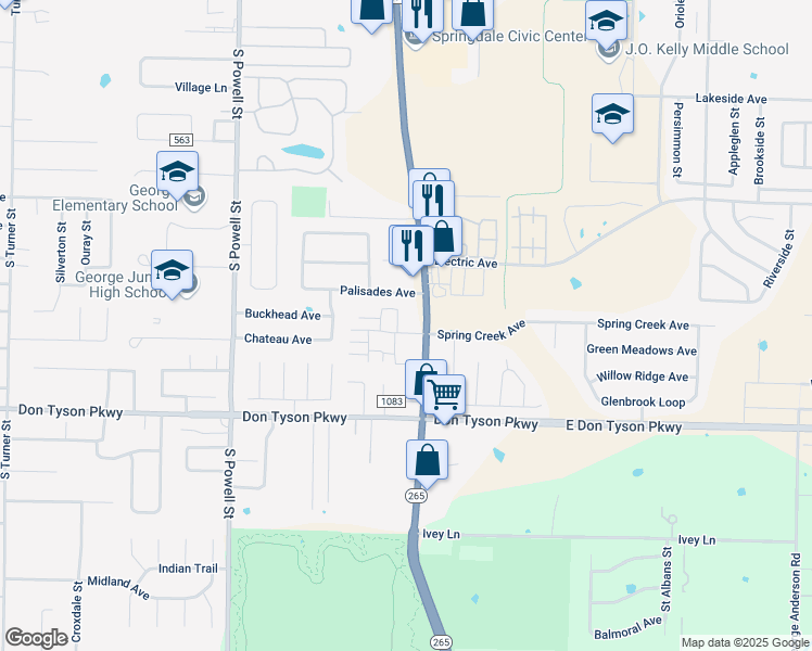 map of restaurants, bars, coffee shops, grocery stores, and more near 3314 South Old Missouri Road in Springdale