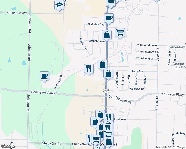 map of restaurants, bars, coffee shops, grocery stores, and more near 3108 South Thompson Street in Springdale
