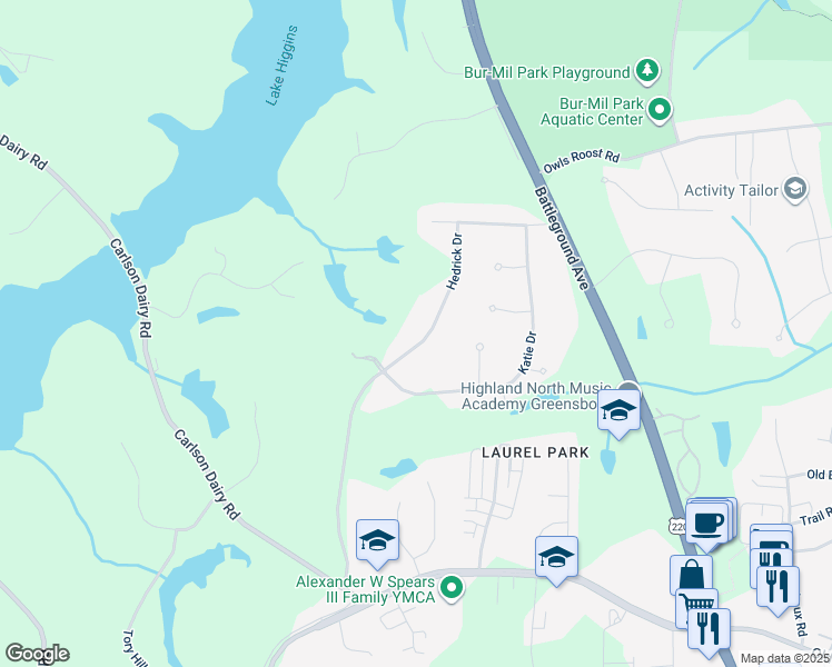map of restaurants, bars, coffee shops, grocery stores, and more near 5203 Hedrick Drive in Greensboro