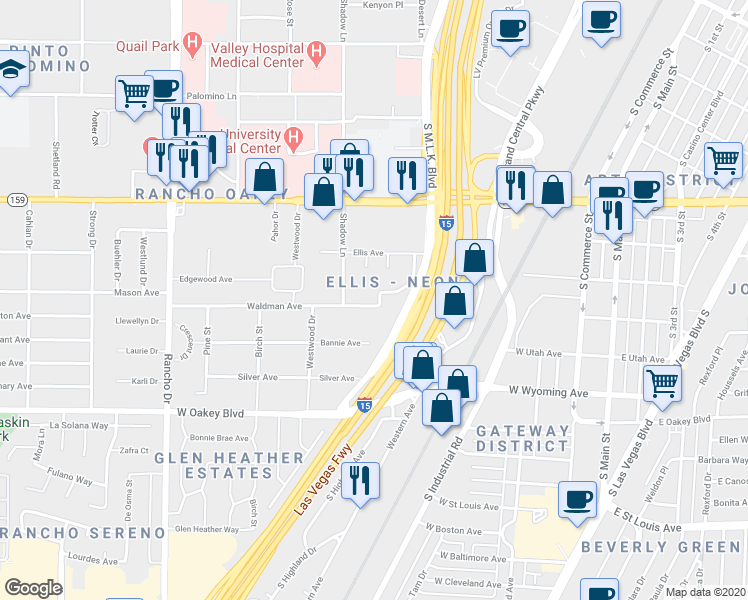 map of restaurants, bars, coffee shops, grocery stores, and more near 1650 Waldman Avenue in Las Vegas