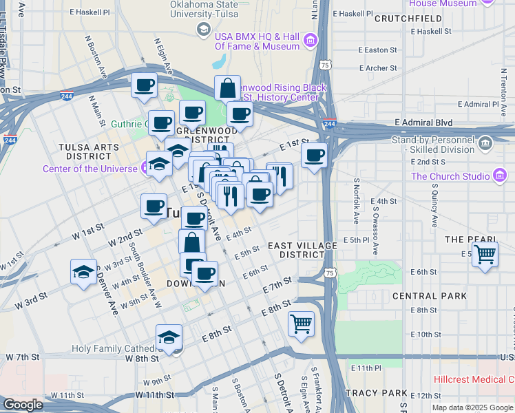 map of restaurants, bars, coffee shops, grocery stores, and more near 510 East 2nd Street in Tulsa