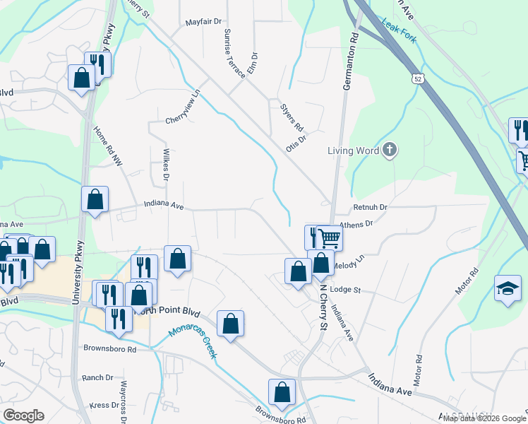 map of restaurants, bars, coffee shops, grocery stores, and more near 4664 Superior Drive Northwest in Winston-Salem