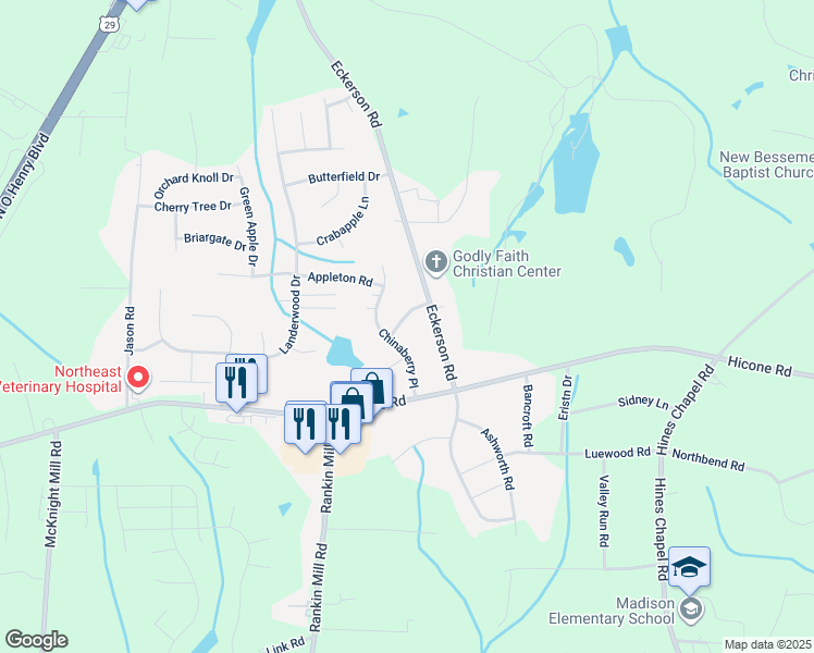 map of restaurants, bars, coffee shops, grocery stores, and more near 4204 Bayview Road in Greensboro