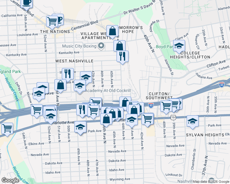 map of restaurants, bars, coffee shops, grocery stores, and more near 702 45th Avenue North in Nashville