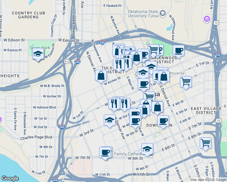 map of restaurants, bars, coffee shops, grocery stores, and more near 18 North Cheyenne Avenue in Tulsa