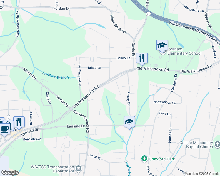 map of restaurants, bars, coffee shops, grocery stores, and more near Erin Street Northeast in Winston-Salem