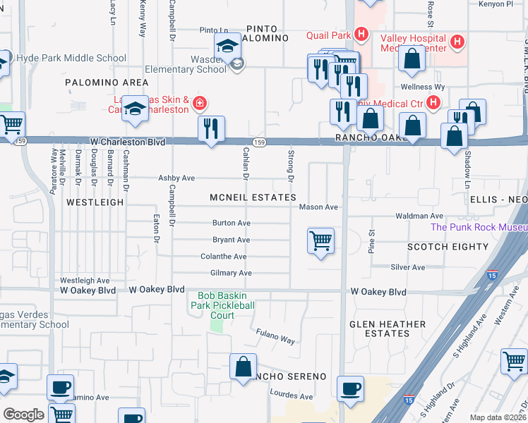 map of restaurants, bars, coffee shops, grocery stores, and more near 2621 Mason Avenue in Las Vegas