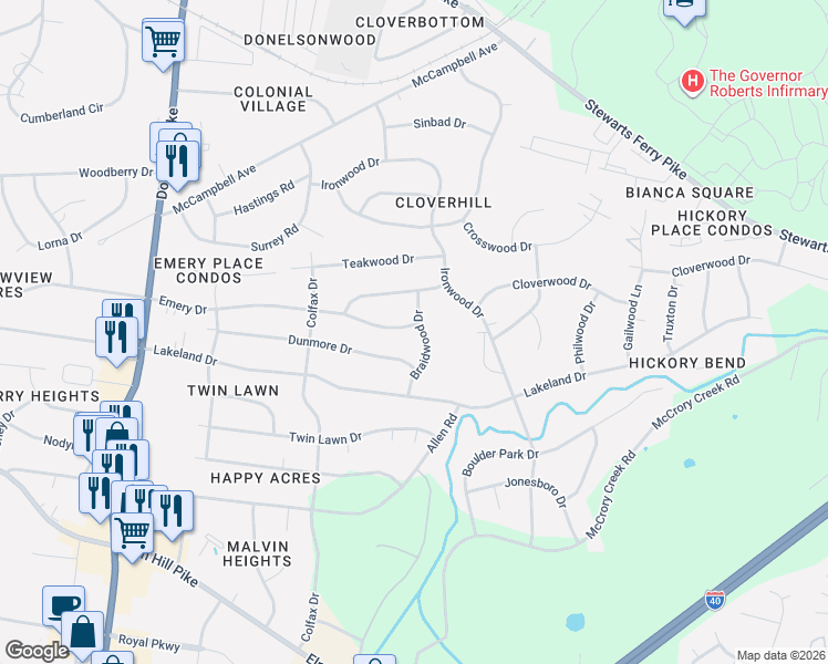 map of restaurants, bars, coffee shops, grocery stores, and more near 2932 Emery Drive in Nashville