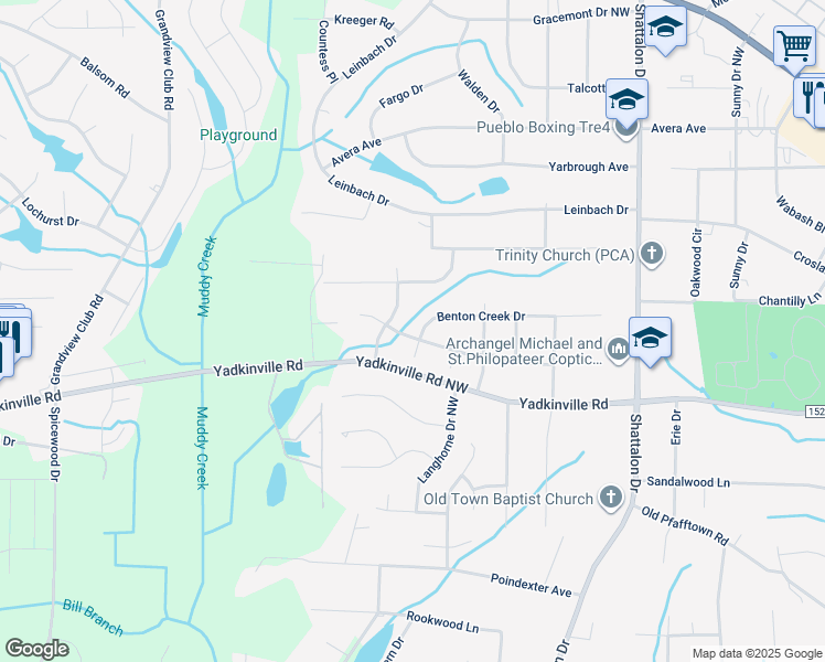 map of restaurants, bars, coffee shops, grocery stores, and more near 4145 Benton Creek Drive in Winston-Salem