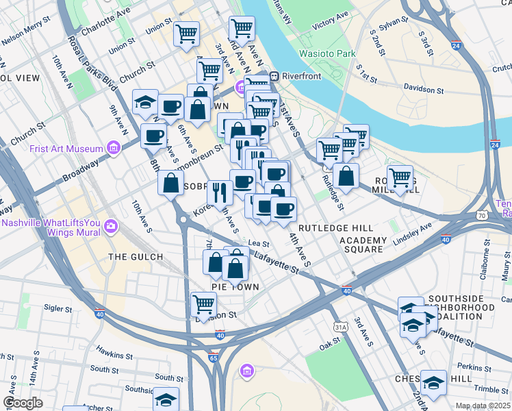 map of restaurants, bars, coffee shops, grocery stores, and more near 500 Rep. John Lewis Way South in Nashville