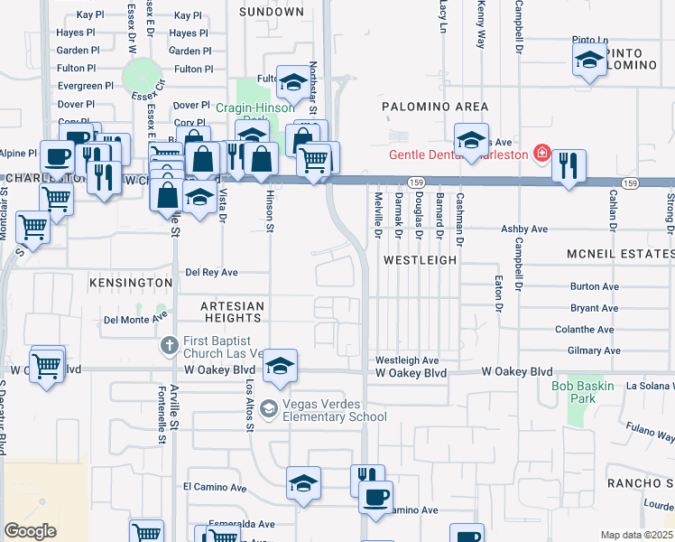 map of restaurants, bars, coffee shops, grocery stores, and more near 1400 South Valley View Boulevard in Las Vegas