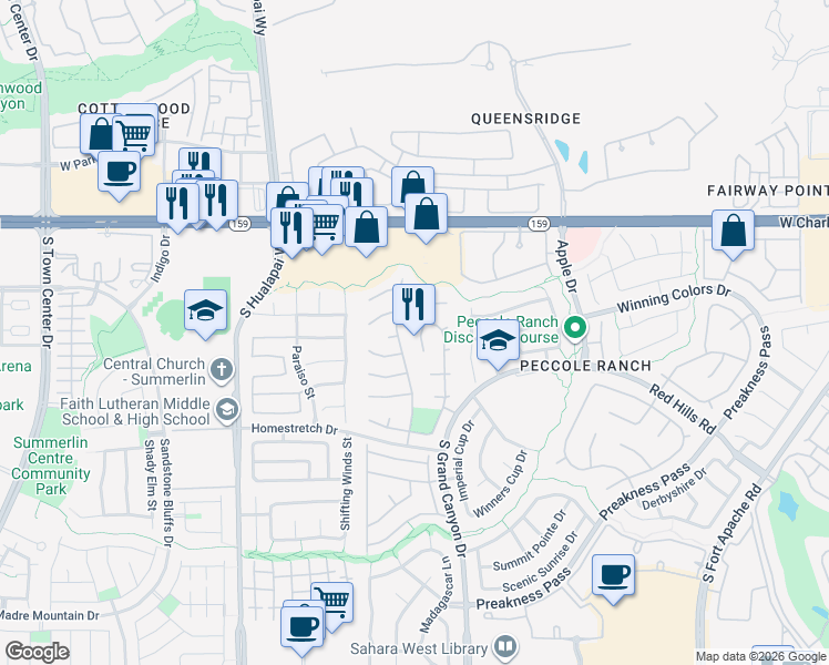 map of restaurants, bars, coffee shops, grocery stores, and more near 1400 Chaparral Summit Drive in Las Vegas