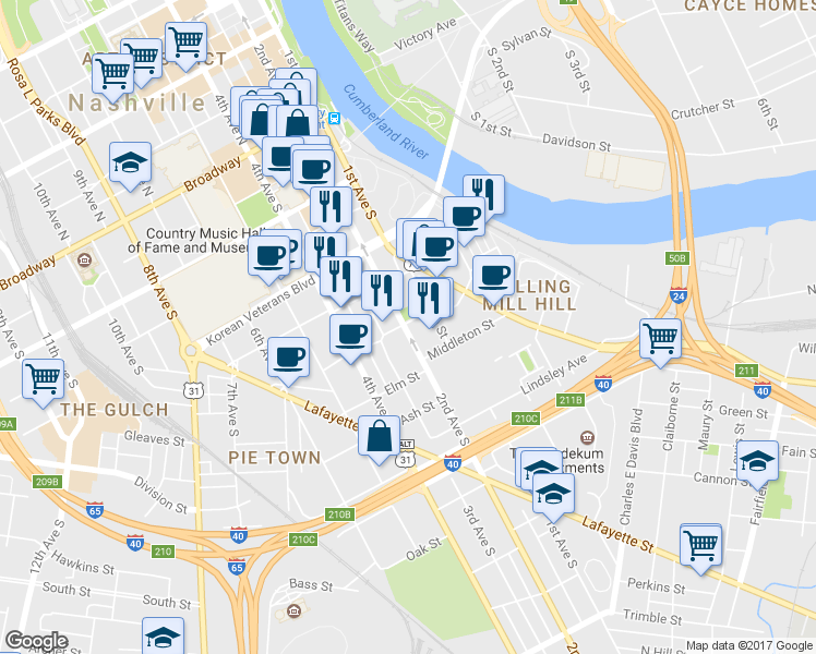 map of restaurants, bars, coffee shops, grocery stores, and more near in Nashville