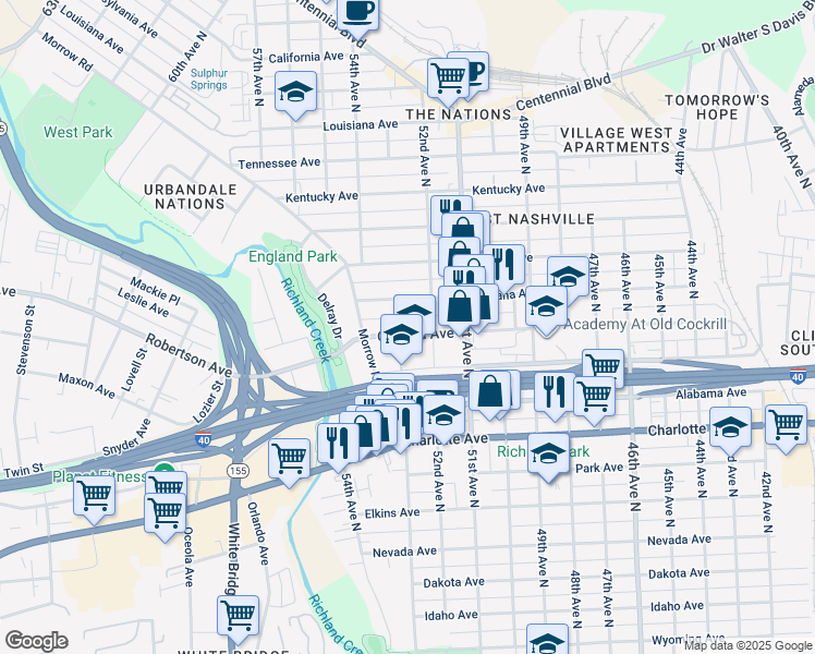 map of restaurants, bars, coffee shops, grocery stores, and more near 5215 Indiana Avenue in Nashville
