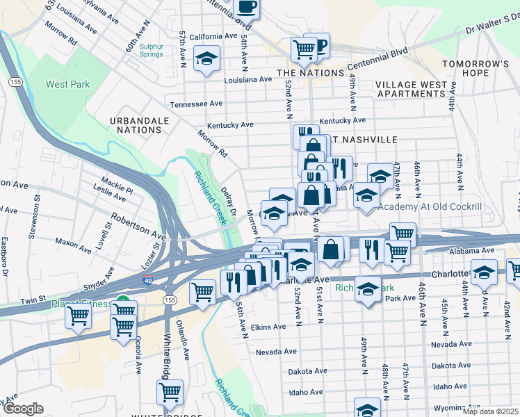 map of restaurants, bars, coffee shops, grocery stores, and more near 5215 Indiana Avenue in Nashville