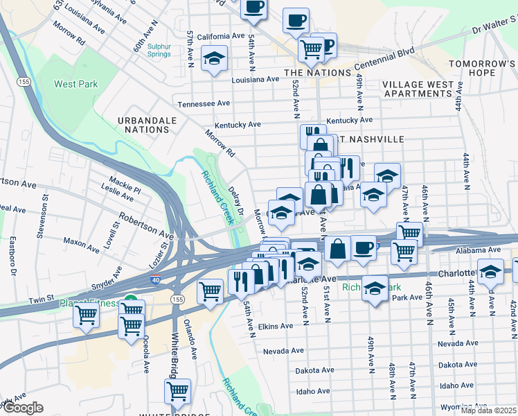map of restaurants, bars, coffee shops, grocery stores, and more near 5319 Indiana Avenue in Nashville