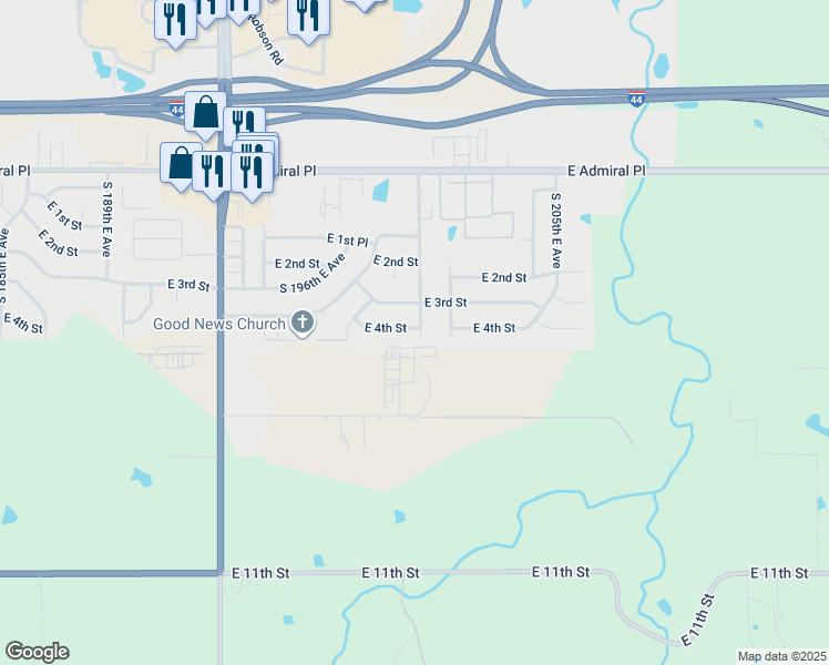 map of restaurants, bars, coffee shops, grocery stores, and more near 312 South 200th East Avenue in Tulsa