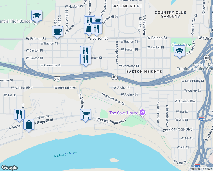 map of restaurants, bars, coffee shops, grocery stores, and more near 2103 West Archer Place in Tulsa