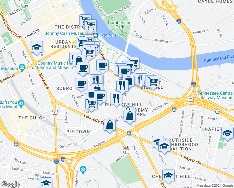 map of restaurants, bars, coffee shops, grocery stores, and more near 125 Lea Avenue in Nashville