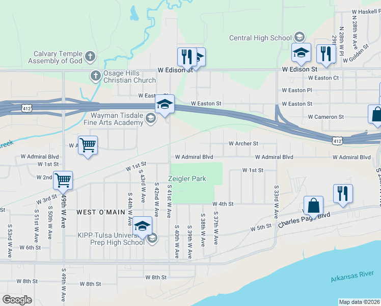 map of restaurants, bars, coffee shops, grocery stores, and more near 3820 West Archer Street in Tulsa