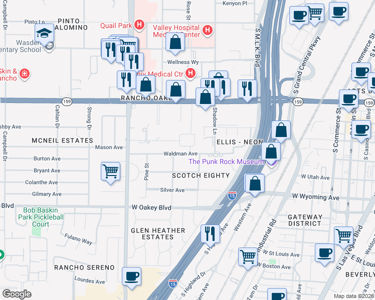 map of restaurants, bars, coffee shops, grocery stores, and more near 1244 Park Circle in Las Vegas