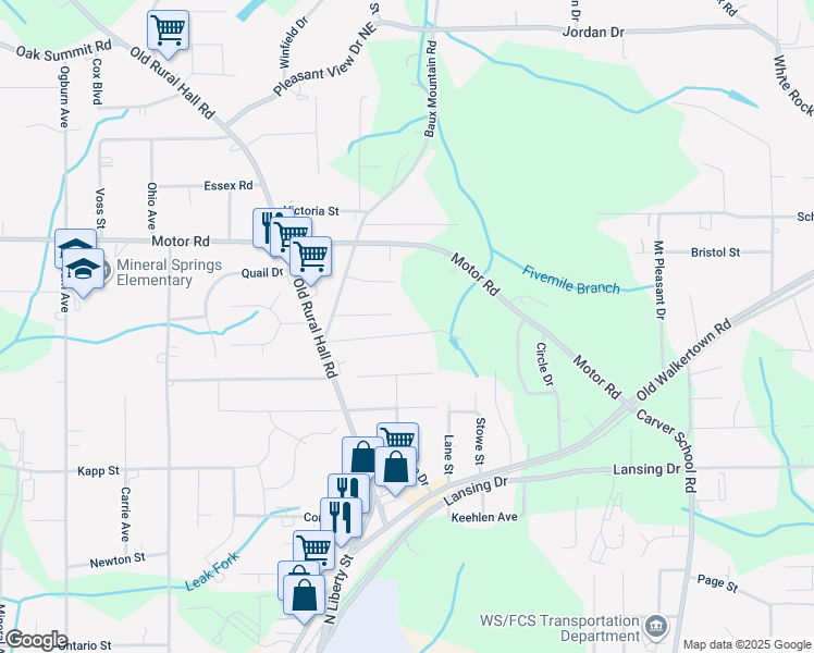 map of restaurants, bars, coffee shops, grocery stores, and more near 1279 Opportunity Road in Winston-Salem