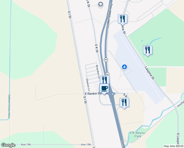 map of restaurants, bars, coffee shops, grocery stores, and more near Shanon Lane in Tulare