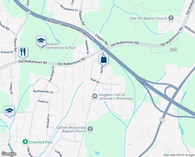 map of restaurants, bars, coffee shops, grocery stores, and more near 4408 Northampton Drive in Winston-Salem