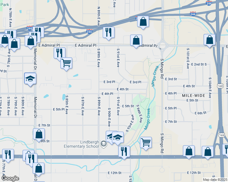 map of restaurants, bars, coffee shops, grocery stores, and more near 8948 East 4th Street in Tulsa