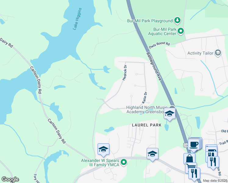map of restaurants, bars, coffee shops, grocery stores, and more near 5203 Hedrick Drive in Greensboro