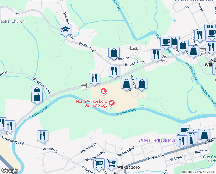 map of restaurants, bars, coffee shops, grocery stores, and more near 1919 West Park Drive in North Wilkesboro