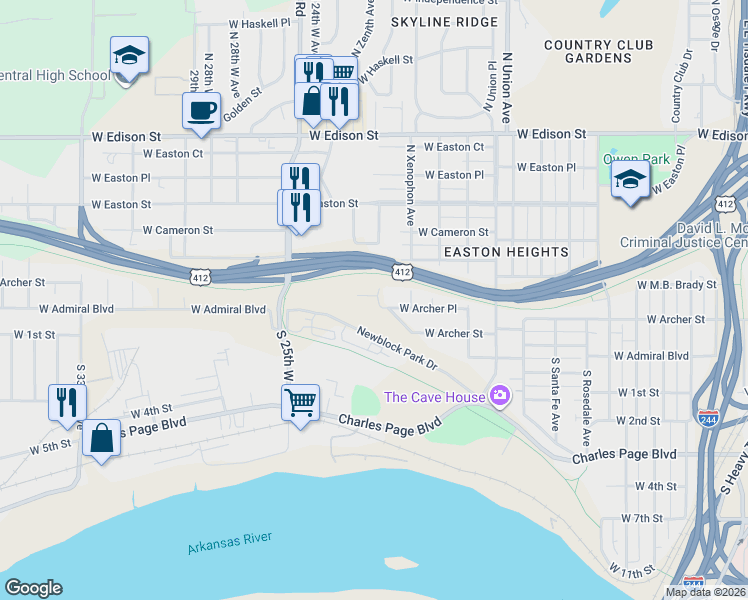 map of restaurants, bars, coffee shops, grocery stores, and more near 2103 West Archer Place in Tulsa