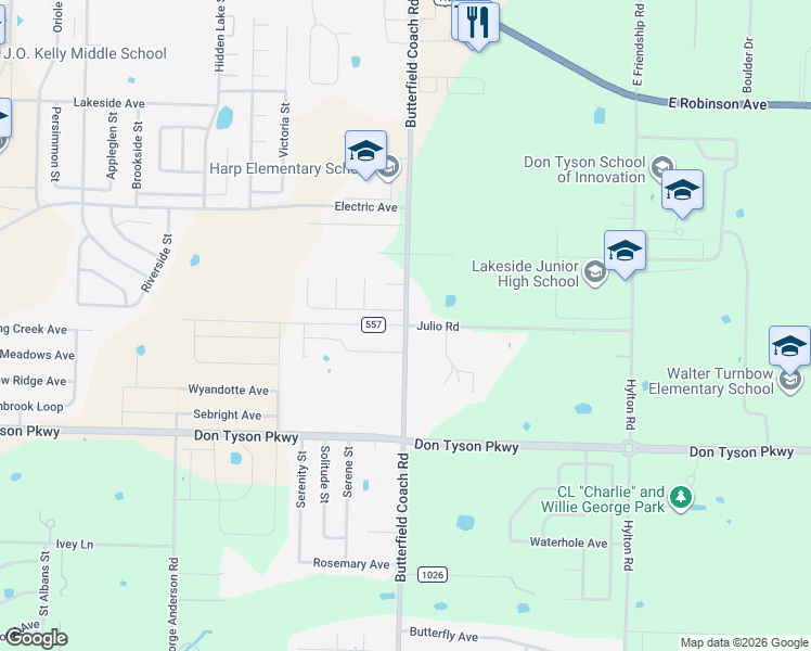map of restaurants, bars, coffee shops, grocery stores, and more near County Road 557 in Springdale